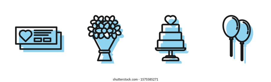 Set line Wedding cake with heart, Ticket with heart, Bouquet of flowers and Balloons with ribbon icon. Vector
