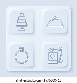 Set line Wedding cake with heart, Covered with a tray of food, Diamond engagement ring and Two blanks photo frames and hearts. White square button. Vector