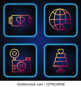 Set line Wedding cake with heart, Photo camera, Two coffee cup and heart and The heart world love. Gradient color icons. Vector