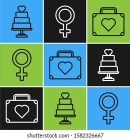 Set line Wedding cake with heart, Suitcase for travel with heart and Female gender symbol icon. Vector