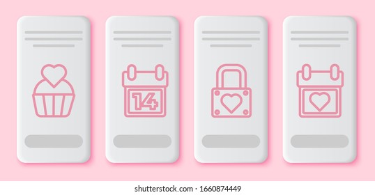Set line Wedding cake with heart, Calendar with February 14, Lock and heart and Calendar with heart. White rectangle button. Vector