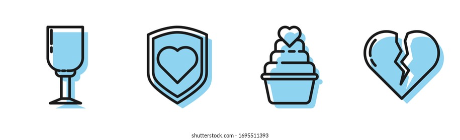 Set line Wedding cake with heart, Wine glass, Heart with shield and Broken heart or divorce icon. Vector