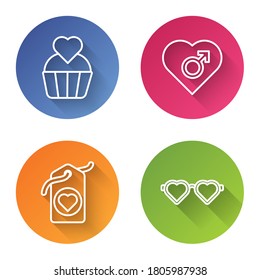 Set line Wedding cake with heart, Heart with male gender, Heart tag and Heart shaped love glasses. Color circle button. Vector
