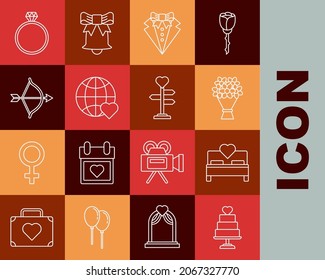 Set line Wedding cake with heart, Bedroom, Bouquet of flowers, Suit, The world love, Bow and arrow, Diamond engagement ring and Signpost icon. Vector