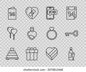 Set line Wedding cake with heart, Champagne bottle, Mobile, Gift box, Greeting card, Bottle love potion, Candy shaped and Key icon. Vector
