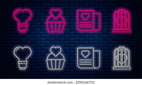 Set line Wedding cake with heart, Envelope with Valentine heart, Heart shape in a light bulb and Heart in the bird cage. Glowing neon icon on brick wall. Vector