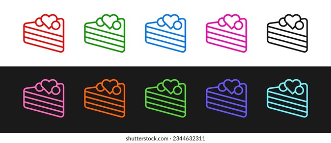 Set line Wedding cake with heart icon isolated on black and white background. Happy Valentines day.  Vector