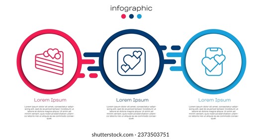 Fijar línea Torta de boda, aplicación Heart and Dating en línea. Plantilla de infografía empresarial. Vector