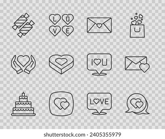 Set line Wedding cake, Heart speech bubble, Envelope with Valentine heart, Candy, shaped box, Love text and  icon. Vector