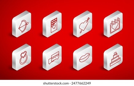 Set line Wedding cake with heart, Chocolate bar, Amour and arrow, Calendar, Smiling lips, Bow, Like and rings icon. Vector