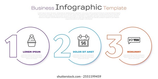 Set pastel de Boda de línea con corazón, Calendario con 14 de febrero y Burbuja de discurso con te amo. Plantilla de infografía de negocios. Vector