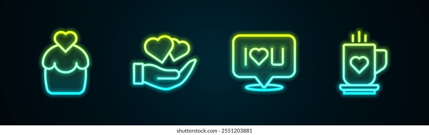 Set line Wedding cake, Heart hand, Speech bubble text I love you and Coffee cup heart. Glowing neon icon. Vector