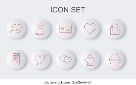 Set line Wedding cake with heart, Chocolate bar, Valentines day flyer, Bottle love potion, Heart hand, Envelope, Amour arrow and  icon. Vector