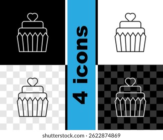 Set line Wedding cake with heart icon isolated on black and white, transparent background.  Vector