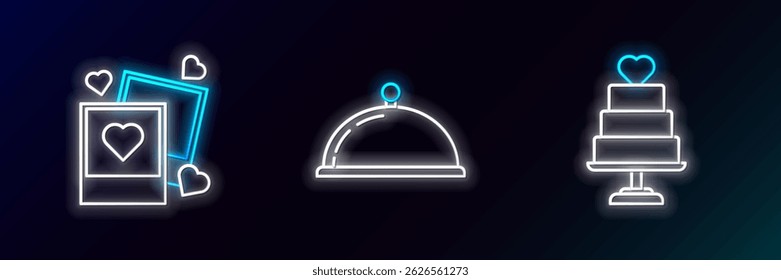 Set line Wedding cake with heart, Two blanks photo frames and hearts and Covered tray of food icon. Glowing neon. Vector