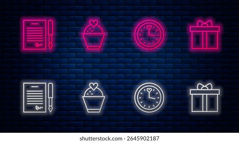 Set line Wedding cake with heart, Clock, Marriage contract and Gift box. Glowing neon icon on brick wall. Vector