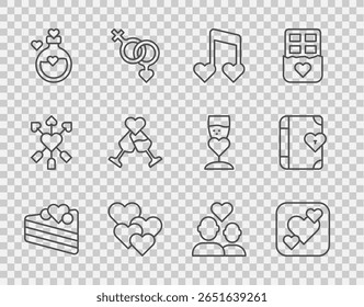 Set line Wedding cake, Heart, Music note, tone with hearts, Bottle love potion, Glass of champagne, Lover couple and diary icon. Vector