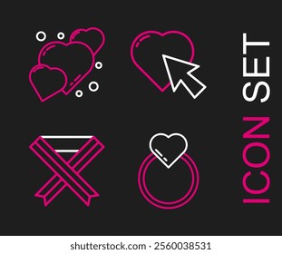 Set line Wedding rings, Breast cancer awareness ribbon, Heart and cursor click and  icon. Vector