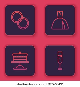 Set line Wedding rings, Cake on plate, Woman dress and Glass of champagne. Blue square button. Vector