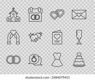 Set line Wedding rings, cake with heart, Two Linked Hearts, Diamond engagement, Church building, Woman dress and Glass of champagne icon. Vector
