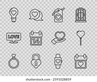 Set line Wedding rings, Calendar with heart, Heart tag, Castle the shape of, light bulb, February 14, center wrist watch and Balloons form icon. Vector