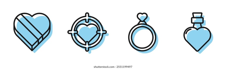 Set línea Anillos de boda, Caramelo en forma de corazón, Corazón en el centro de los dardos objetivo objetivo y botella con icono de poción de amor. Vector