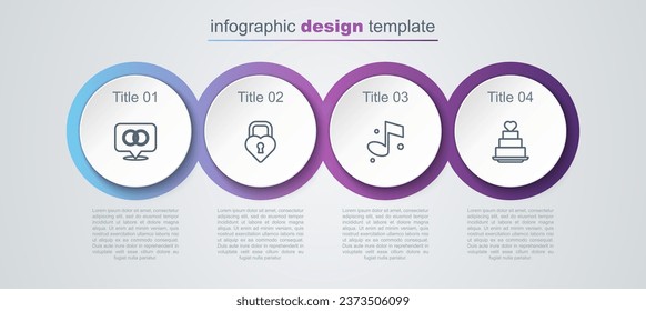 Set line Wedding rings, Castle the shape of heart, Music note and cake with. Business infographic template. Vector