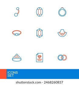 Set line Wedding rings, Certificate of the diamond, King crown, Necklace mannequin, Bracelet jewelry, Gem stone, Diamond engagement and  icon. Vector