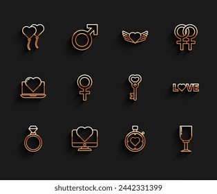Set line Anillos de boda, Monitor de ordenador con corazón, Forma de globo de, Corazón el cronómetro central, Vidrio de vino, Símbolo de género femenino, Texto de amor e icono de forma de llave. Vector