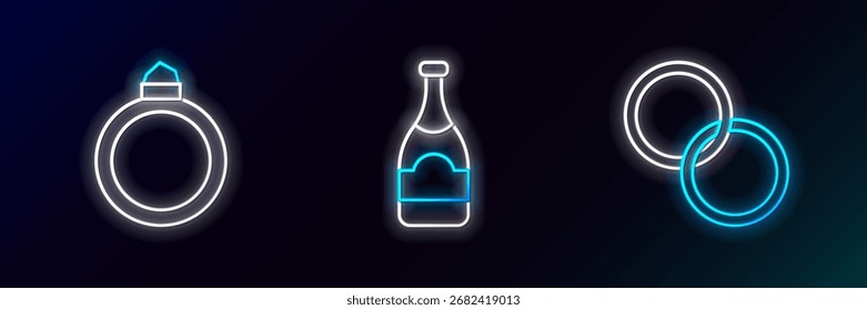 Anillos de boda, compromiso de diamantes e icono de botella de champán. Brillante neón. Vector