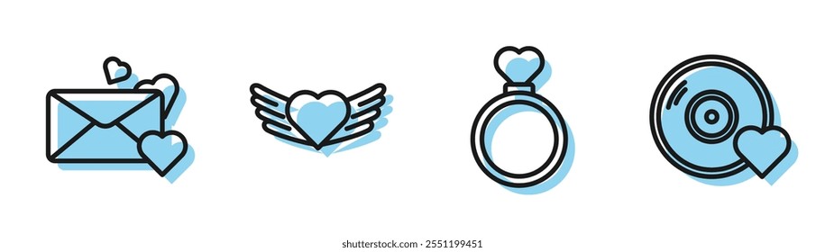 Set line Wedding rings, Envelope with heart, Heart with wings and Romantic music icon. Vector