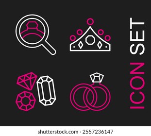 Set line Wedding rings, Gem stone, King crown and Diamond engagement icon. Vector