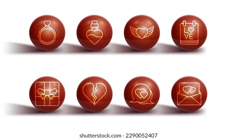 Set line Wedding rings, Gift box, Calendar with February 14, Heart speech bubble, Broken heart or divorce, Bottle love potion, Envelope Valentine and wings icon. Vector