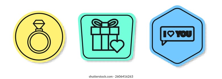 Set line Wedding rings, Gift box and heart and Speech bubble with I love you. Colored shapes. Vector
