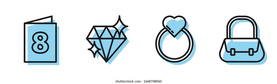 Set line Wedding rings, Greeting card with 8 March, Diamond and Handbag icon. Vector