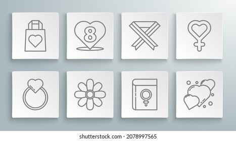 Set line Wedding rings, Heart with 8 March, Flower, Book about women, Breast cancer awareness ribbon, Female gender symbol and Shopping bag heart icon. Vector