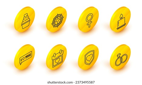 Set Linie Hochzeitsringe, Herz mit Schild, Kalenderherz, Sprachblase, die ich liebe, Brennende Kerze, Geschlechtssymbol der Frau, das Zentrum der Darts Ziel und Symbol. Vektorgrafik