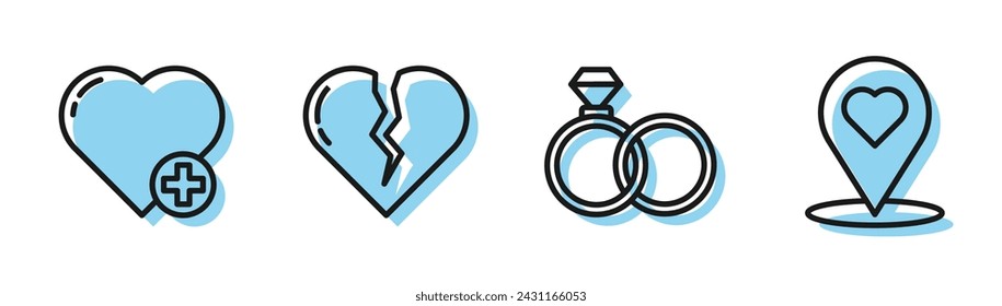 Set line Anillos de boda, corazón, corazón roto o divorcio y puntero de mapa con icono de corazón. Vector