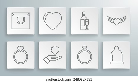 Set line Wedding rings, Heart, hand, Diamond engagement, Condom, Champagne bottle, with wings and Shopping bag icon. Vector