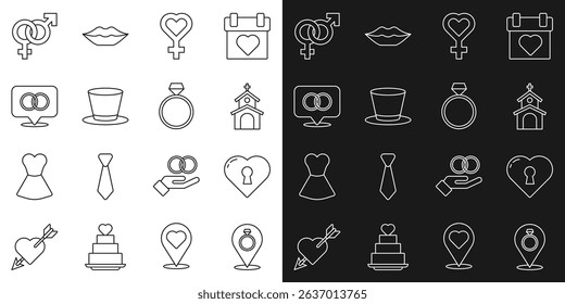 Set line Wedding rings, Heart with keyhole, Church building, Female gender symbol, Cylinder hat, Gender and Diamond engagement icon. Vector