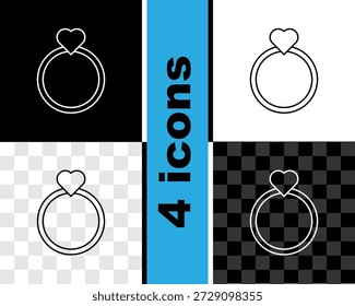 Definir linha Anéis de casamento ícone isolado em preto e branco, fundo transparente. Sinal de joias de noivas e noivos. Símbolo do casamento. Anel de diamante.  Vetor