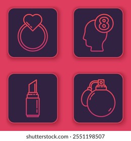 Set line Wedding rings, Lipstick, 8 March in human head and Perfume. Blue square button. Vector