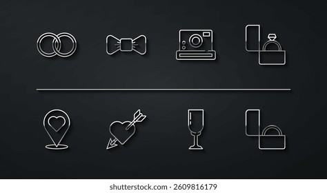 Set line Wedding rings, Location with heart, Diamond engagement, Glass of champagne, Amour and arrow, Bow tie,  and Photo camera icon. Vector