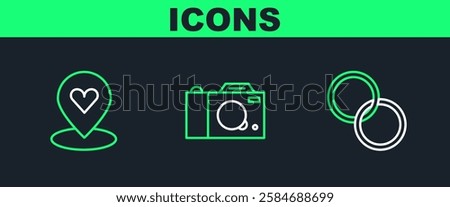 Set line Wedding rings, Location with heart and Photo camera icon. Vector