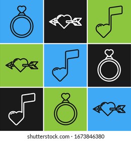 Set line Wedding rings, Music note, tone with hearts and Amour with heart and arrow icon. Vector