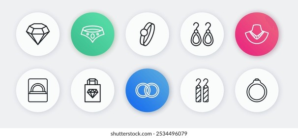 Definir a linha Anéis de casamento, Colar no manequim, Caixa de noivado Diamante, Brincos, e Saco de compras ícone de joias. Vetor