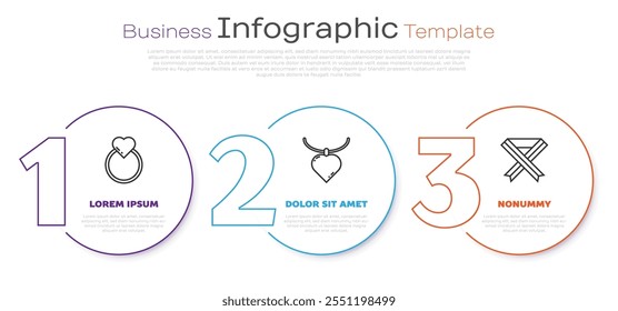 Set line Wedding rings, Necklace with heart shaped pendant and Breast cancer awareness ribbon. Business infographic template. Vector