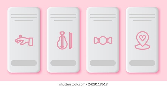 Set line Wedding rings on hand, Violin, Bow tie and Location with heart. White rectangle button. Vector