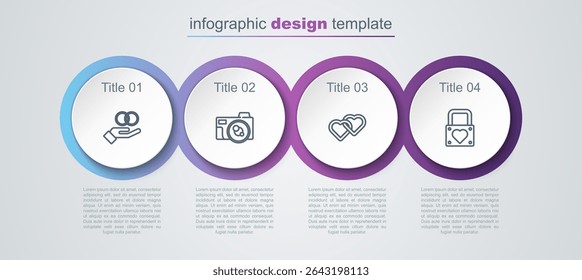 Set line Wedding rings, Photo camera, Two Linked Hearts and Lock and heart. Business infographic template. Vector