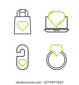 Set line Wedding rings, Please do not disturb with heart, Online dating app and chat and Shopping bag icon. Vector